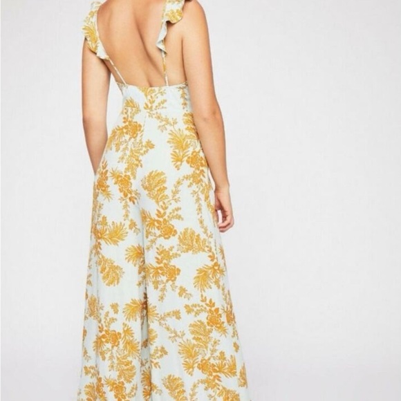 Free People Be The One Floral Wide Leg Ruffle Mint Blue Gold Jumpsuit Size 6 - Picture 2 of 7